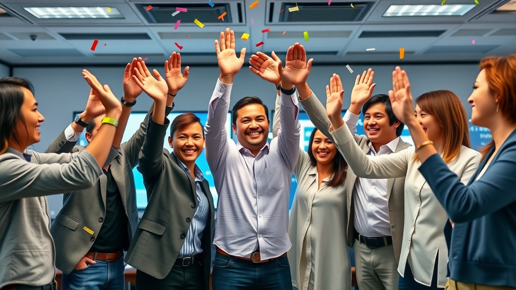 diverse group of professionals celebrating analytics success from business blog case studies