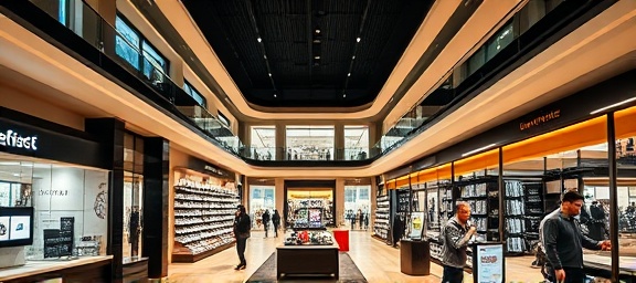 integrated growth retail, innovative, collaborating, photorealistic, upscale department store with multiple levels, highly detailed, smart retail technology and seamless customer interactions, high contrast, earth tones, mixed lighting, shot with a tilt-shift lens.