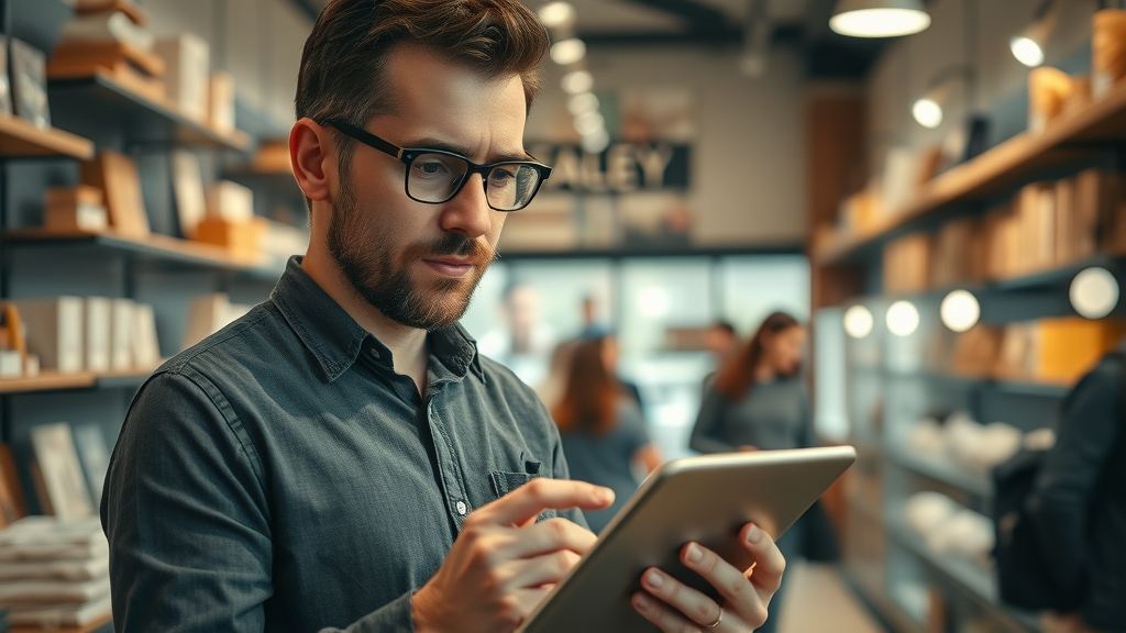 small business owner using local marketing tactics reviewing data boutique store