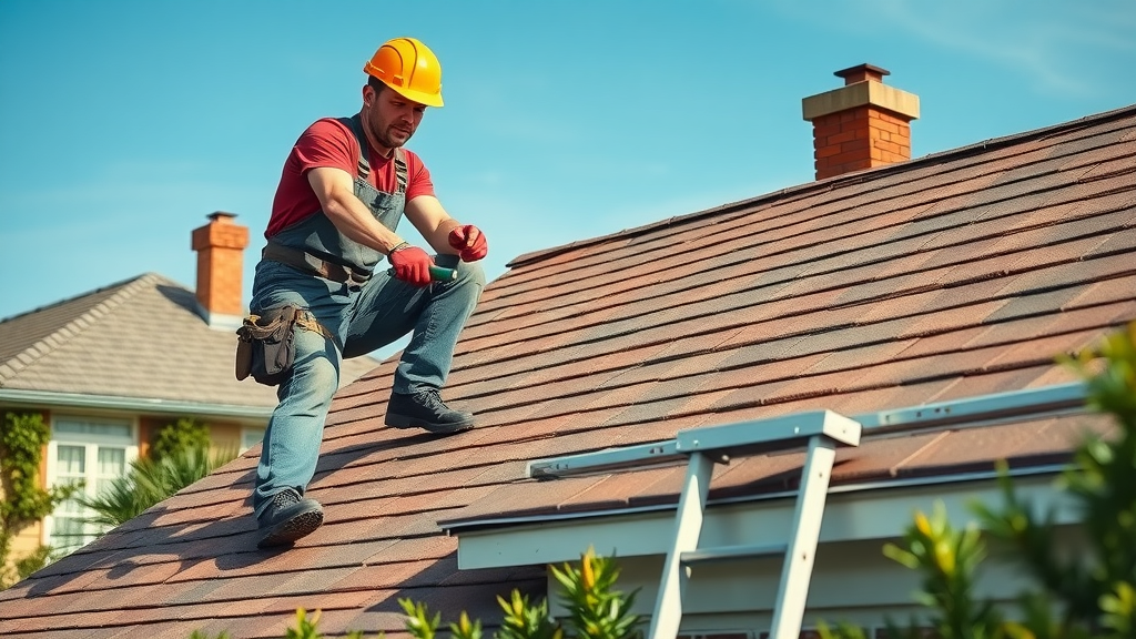 Roof repair near me two skilled roofers repairing shingle roof with high attention to detail in suburbs