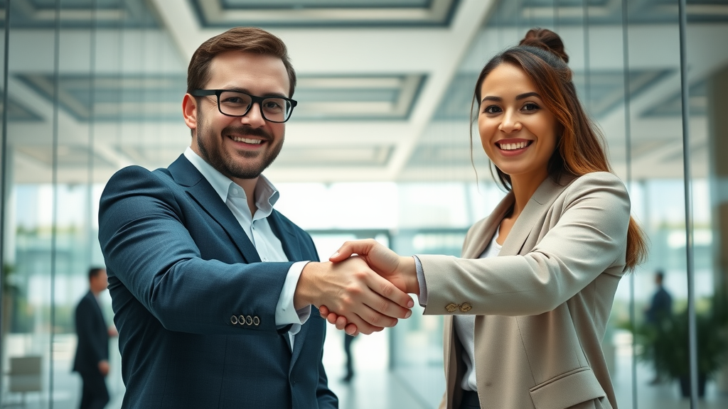 customer trust and building customer trust - Confident customer shaking hands with business representative in a modern lobby