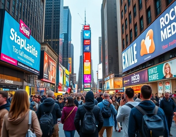 enthusiastic socialmedia endorsements, amazed, promoting, photorealistic, a busy city street with billboards displaying social media apps, highly detailed, motion-blurred pedestrians, panoramic view, vibrant colors, streetlight glow, shot with a wide-angle lens.