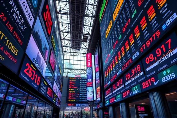 comprehensive conversion growth, promising, visualizing steady progress, photorealistic, inside a bustling business hub with digital boards, highly detailed, featuring synchronized digital tickers, deep saturation, contrasting LEDs, shot with a medium zoom lens.