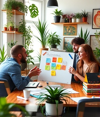creative consultation meeting, diverse team engaged, problem-solving, photorealistic, vibrant coworking space filled with plants and artwork, highly detailed, markers and flip charts in use, high res, colorful accents, natural afternoon light, shot with a 40mm lens.