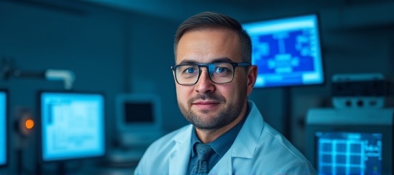 empowered lead transformation, confident expression, altering in real-time, photorealistic, inside a modern laboratory, highly detailed, digital screens glowing softly, high clarity, vibrant blues, focused artificial lighting, shot with a telephoto lens.