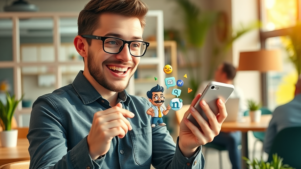 Small business owner creating social media post, digital marketing in energetic workspace