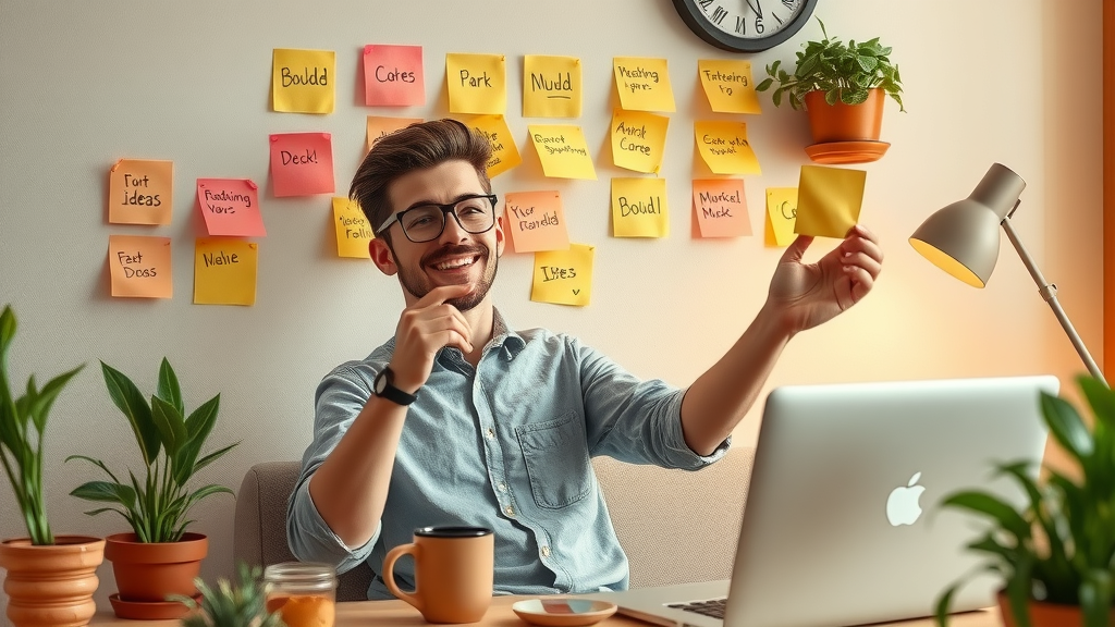creative content creator generating new content marketing ideas with sticky notes in a cozy home studio