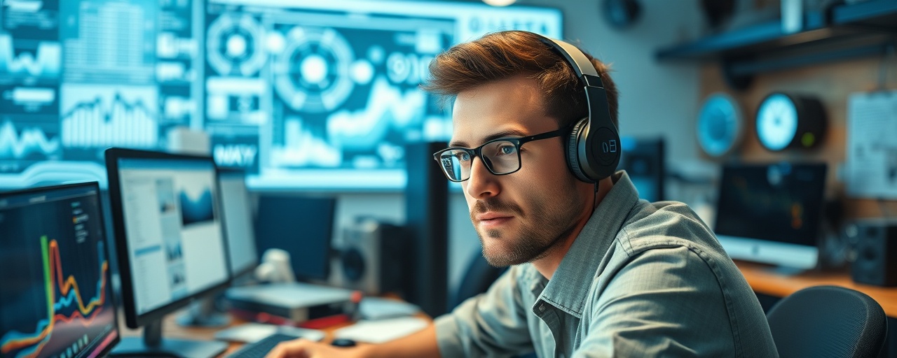innovative digital marketing, focused expression, optimizing strategies, photorealistic, tech-savvy workspace filled with gadgets, highly detailed, analytical tools in use, cool tones, bright ambient lighting, shot with a 24mm lens.