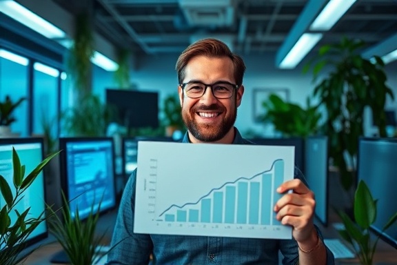 pleased entrepreneur, proud expression, showing growth charts, photorealistic, startup office filled with plants, highly detailed, computer screens glowing subtly, cool blue tones, overhead lighting, shot with a 24mm lens.