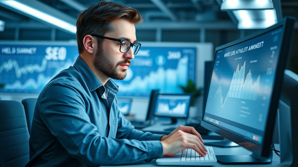 focused SEO specialist typing content on a desktop computer for roofing company website