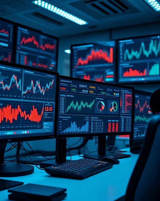 comprehensive testimonial metrics, focused, comparing, photorealistic, modern workspace with multiple computer screens displaying data, highly detailed, moving charts and graphs, captured in sharp clarity, cool color palette, bright LED lighting, shot with a 35mm lens