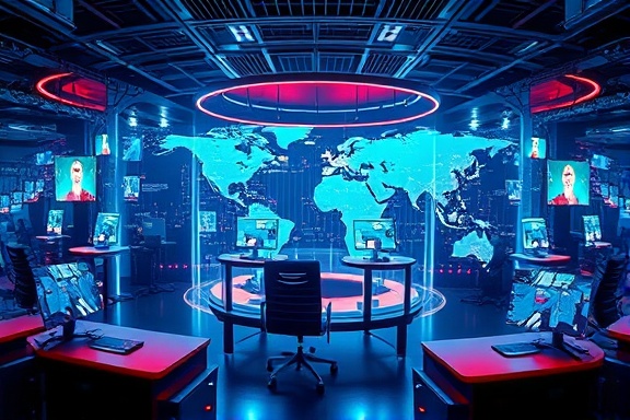 comprehensive reputation strategy illustration, engaging, innovating, photorealistic, global media hub equipped with cutting-edge technologies, highly detailed, seamless digital interaction visualizations, exceptionally clear, metallic hues with neon touches, spotlight lighting, shot with a wide-angle lens.