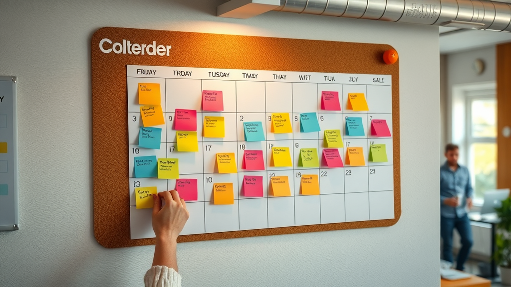 monthly wall calendar used for scheduling content creation and marketing plan in small business office