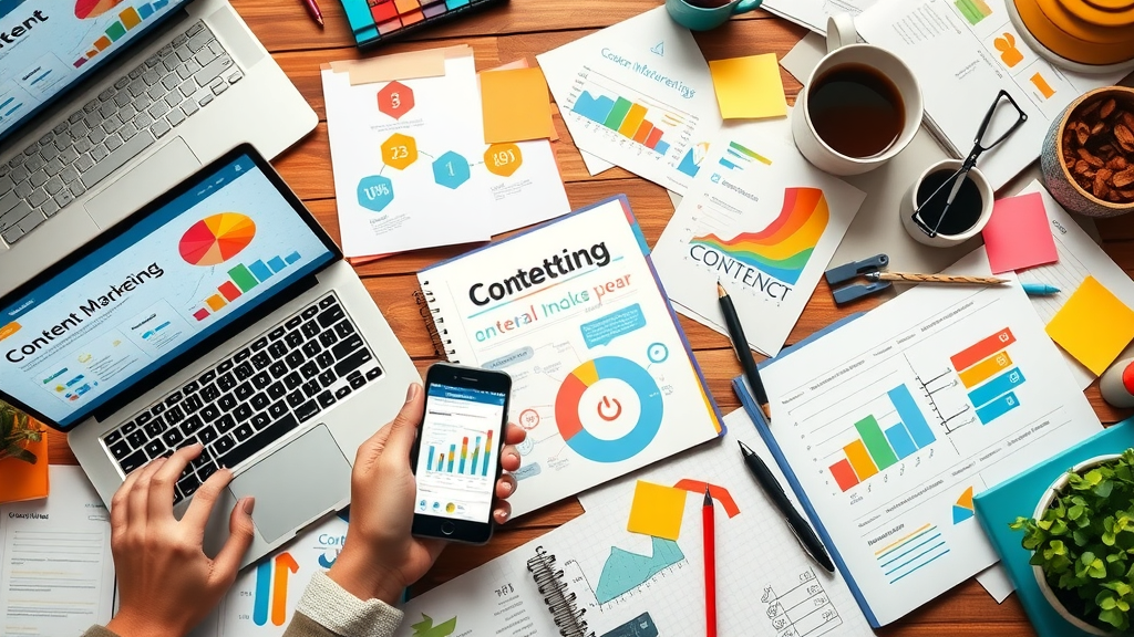 dynamic flat lay of tools for content marketing for small businesses with infographics and social analytics