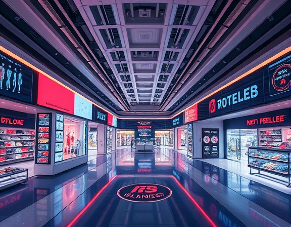 futuristic retail suite, futuristic, planning, photorealistic, sleek modern shopping mall, highly detailed, holographic interfaces and digital assistants, ISO 100, vibrant colors, soft ambient lighting, shot with a wide-angle lens.