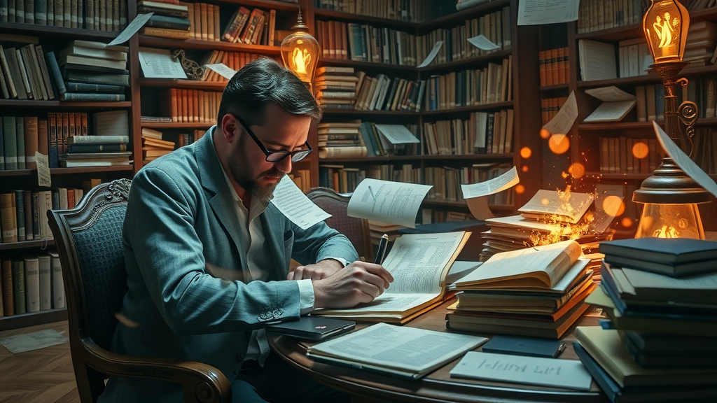 Dedicated writer creating SEO-friendly blog post surrounded by SEO notes and glowing keywords