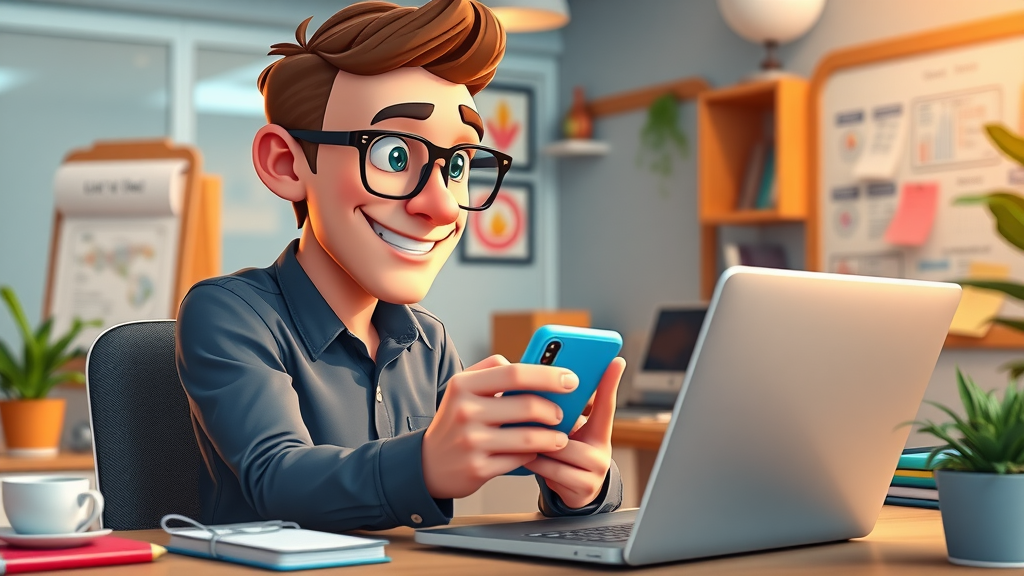 content manager splitting time between blog writing and promotion in lively office