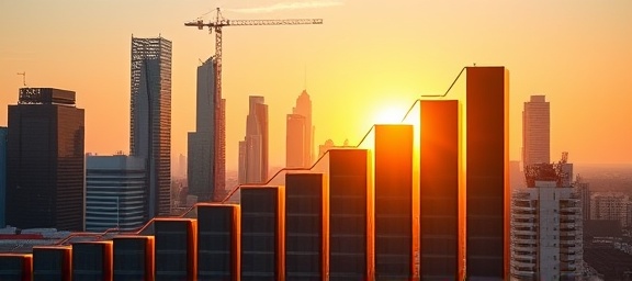 accelerating conversion growth, optimistic, showing towering bars, photorealistic, set against a modern city skyline at sunrise, highly detailed, moving lines capturing increasing momentum, crisp contrast, warm golden-hour lighting, shot with a telephoto lens.