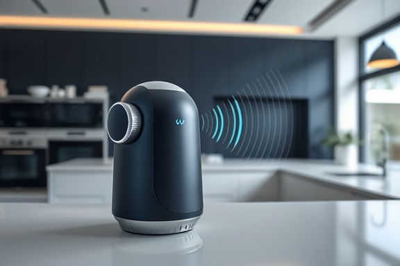 innovative audio assistant, alert, monitoring environment, photorealistic, in a minimalist stylish kitchen, highly detailed, soundwave graphics, crisp detail, dark blue and silver, soft over-head lighting, shot with a zoom lens.
