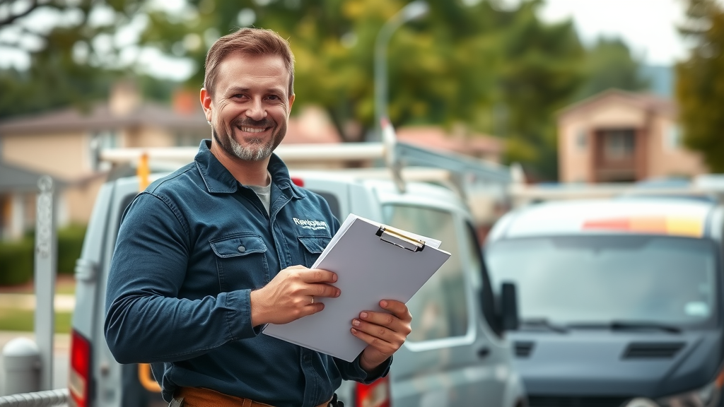 Roof repair near me confident roofing contractor with years of experience holding clipboard in a suburban area