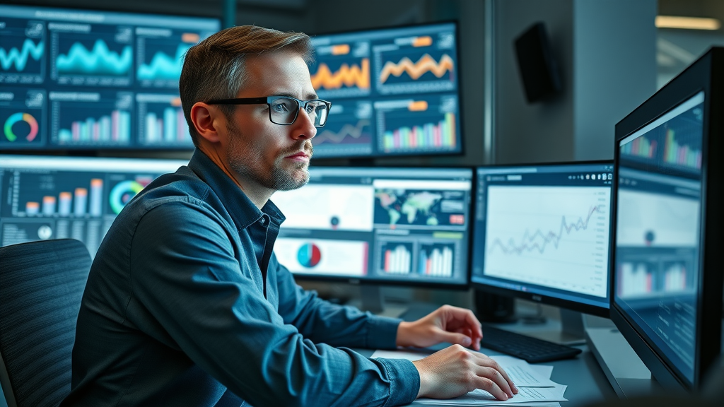 marketing analyst reviewing roof repair online visibility with data charts