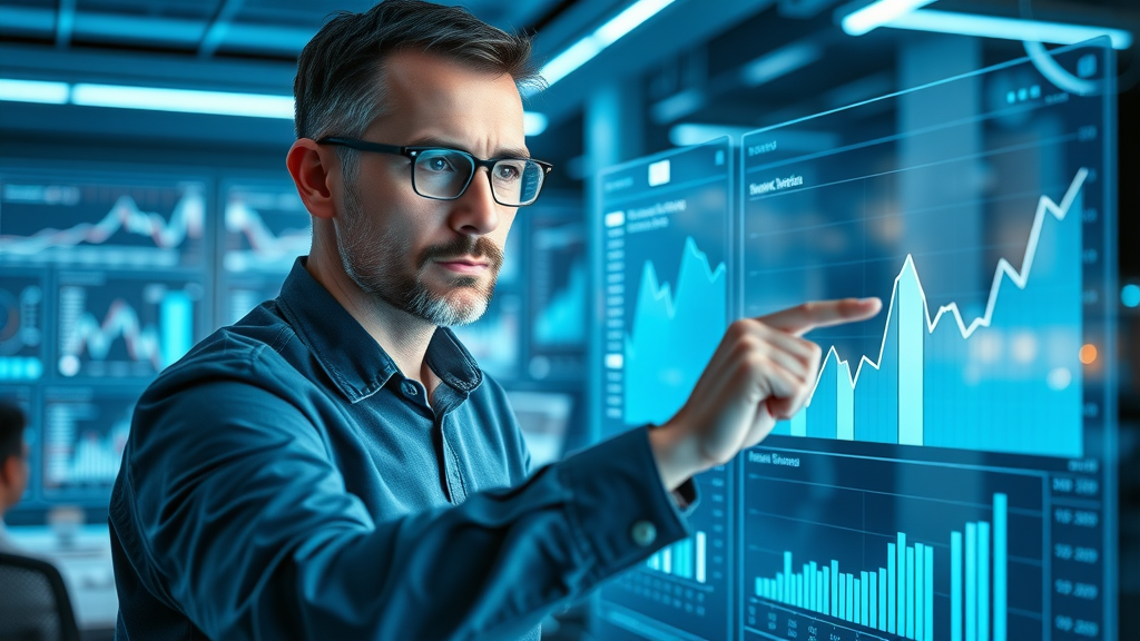 SEO specialist analyzing analytics dashboard with upward trending graphs in a futuristic, high-tech office