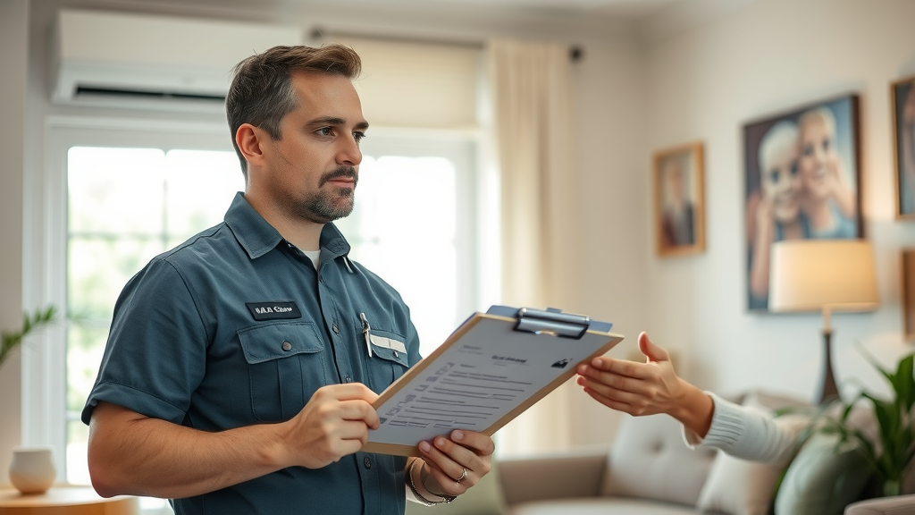 HVAC technician consulting with homeowner about pre-season AC system inspection