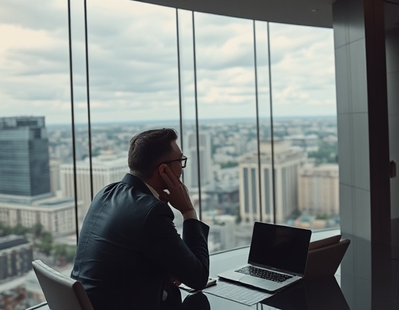 introspective consultation business, entrepreneur deep in thought, planning strategies, photorealistic, sleek corporate office overlooking a bustling city, highly detailed, financial graphs and laptops visible, high dynamic range, calm neutral colors, diffused sky light, shot with an 85mm lens.