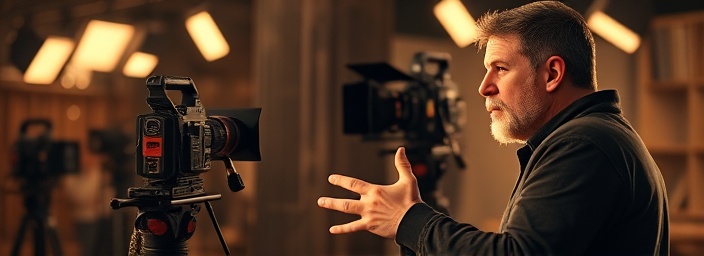 video director, passionate, directing a film scene, photorealistic, on set with lighting rigs and cameras, highly detailed, expressive gestures, warm hues, dramatic lighting, shot with a standard 50mm lens