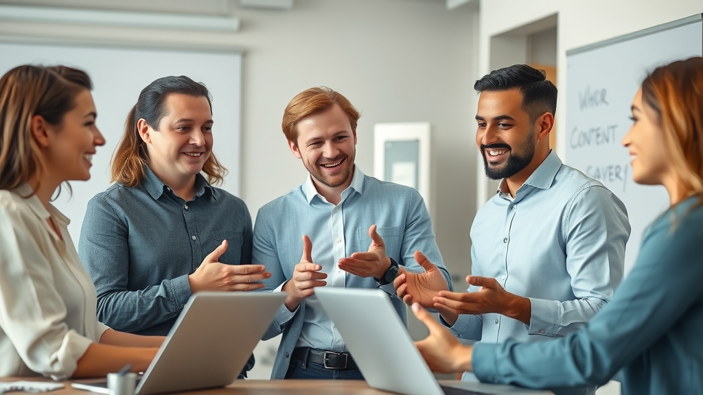 building customer trust with blogs - Professional team collaborating on blog content strategy in a modern office