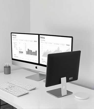 thorough SEO analysis, analytical, examining data charts, photorealistic, minimalist desk with dual monitors, highly detailed, subtle screen glare, 4K resolution, monochrome, overhead lighting, shot with a 24mm camera lens.