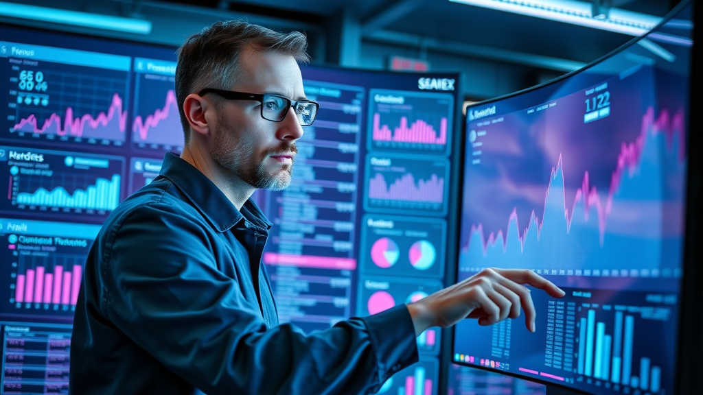 search engine marketing tactics - SEO specialist optimizing website on modern analytics dashboard in high-tech office