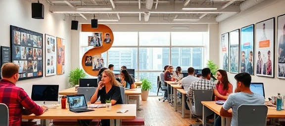 lively socialmedia endorsements, cheerful, showcasing, photorealistic, a bustling co-working space with branded content posters, highly detailed, digital interactions and pop-ups, dynamic shot, pastel shades, diffused lighting, shot with a 18mm lens.