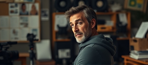 leading video director, thoughtful, planning a shot list, photorealistic, in an office filled with storyboards and equipment, highly detailed, focused expression, earth tones, soft ambient light, shot with a portrait lens