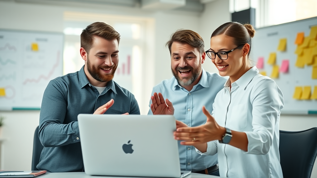 small business online marketing - small business owners collaborating around a laptop in a vibrant workspace