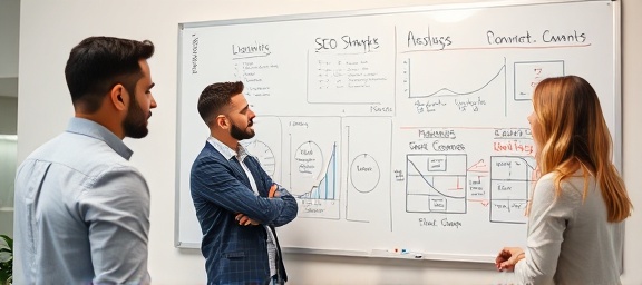 innovative SEO strategy development, inspired expression, drafting ideas on a whiteboard, photorealistic, collaborative workspace with colleagues discussing strategies, highly detailed, brainstorming notes and diagrams, high clarity, bright whites and soft colors, even natural light, shot with an 85mm lens.