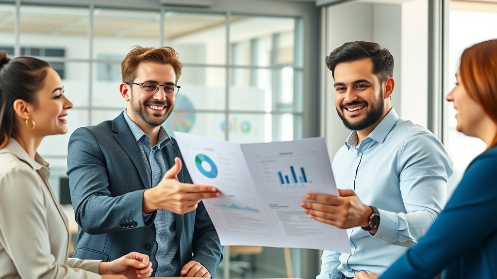 confident small business owners presenting sales blog report in modern office