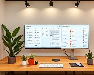 modern assistant interface, intuitive, managing personal tasks, photorealistic, sleek workspace with potted plants and smart monitors, highly detailed, animated task lists and schedules, full-frame resolution, earth tones, overhead lighting, shot with a 50mm prime lens