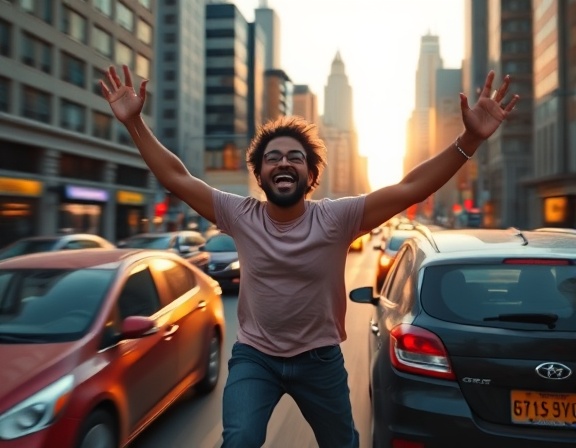 vibrant revival energy, exuberant expression, radiating with power, photorealistic, set in a bustling cityscape at dawn, highly detailed, cars rushing by, dynamic motion blur, warm hues, golden hour lighting, shot with a wide-angle lens.