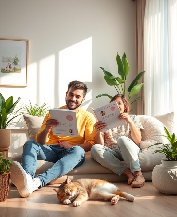 happy couple, delight, reading product testimonials, photorealistic, living room with modern decor and plants, highly detailed, a cat sleeping in a sunbeam on the floor, 24-70mm zoom lens, pastel colors, gentle afternoon light, shot with a Fujifilm X-T4