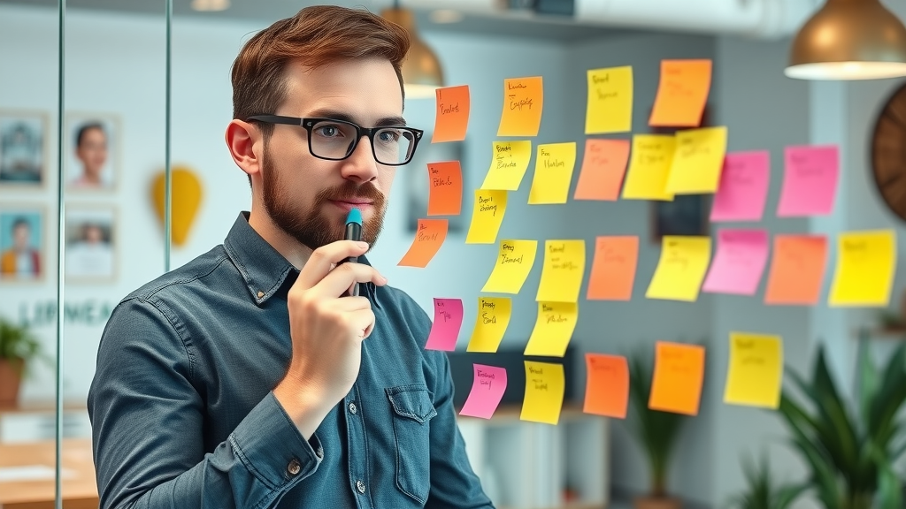 buyer persona development - marketer mapping out buyer personas for blog lead generation using sticky notes